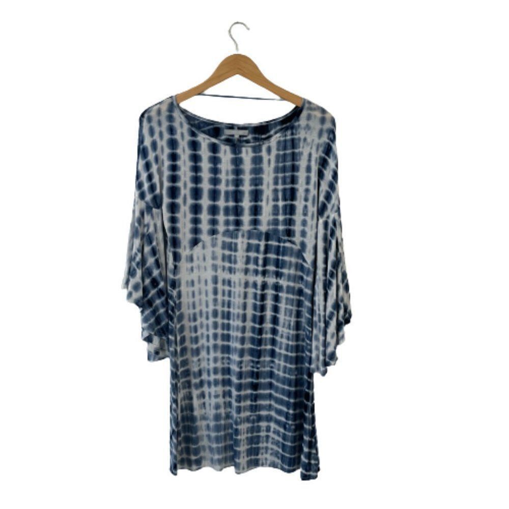 Blue White Tie Dye Bell Sleeve Boho Dress Size Small